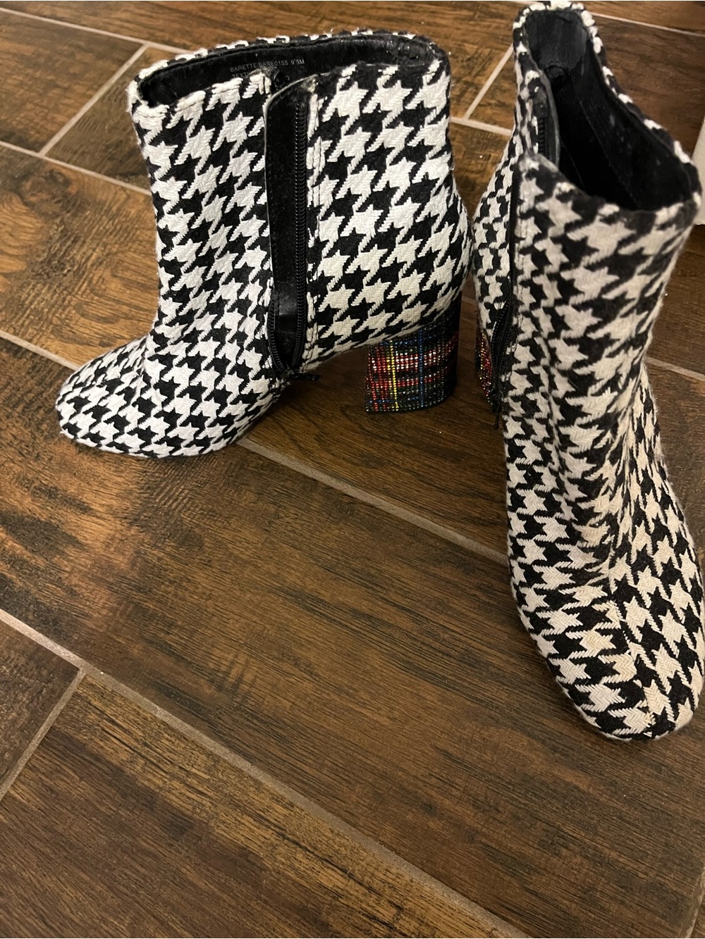 Betsey Johnson Black & White Houndstooth Ankle Boots with Beaded Block Heel